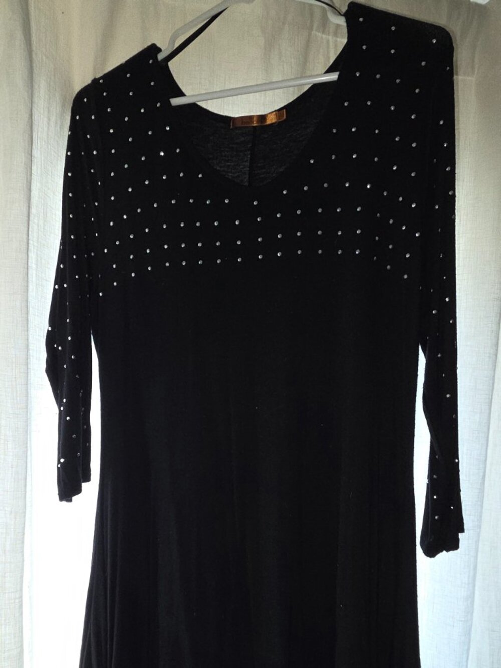 Belldini Black Rhinestone Embellished Tunic Top Handkerchief Hem 3/4 sleeve